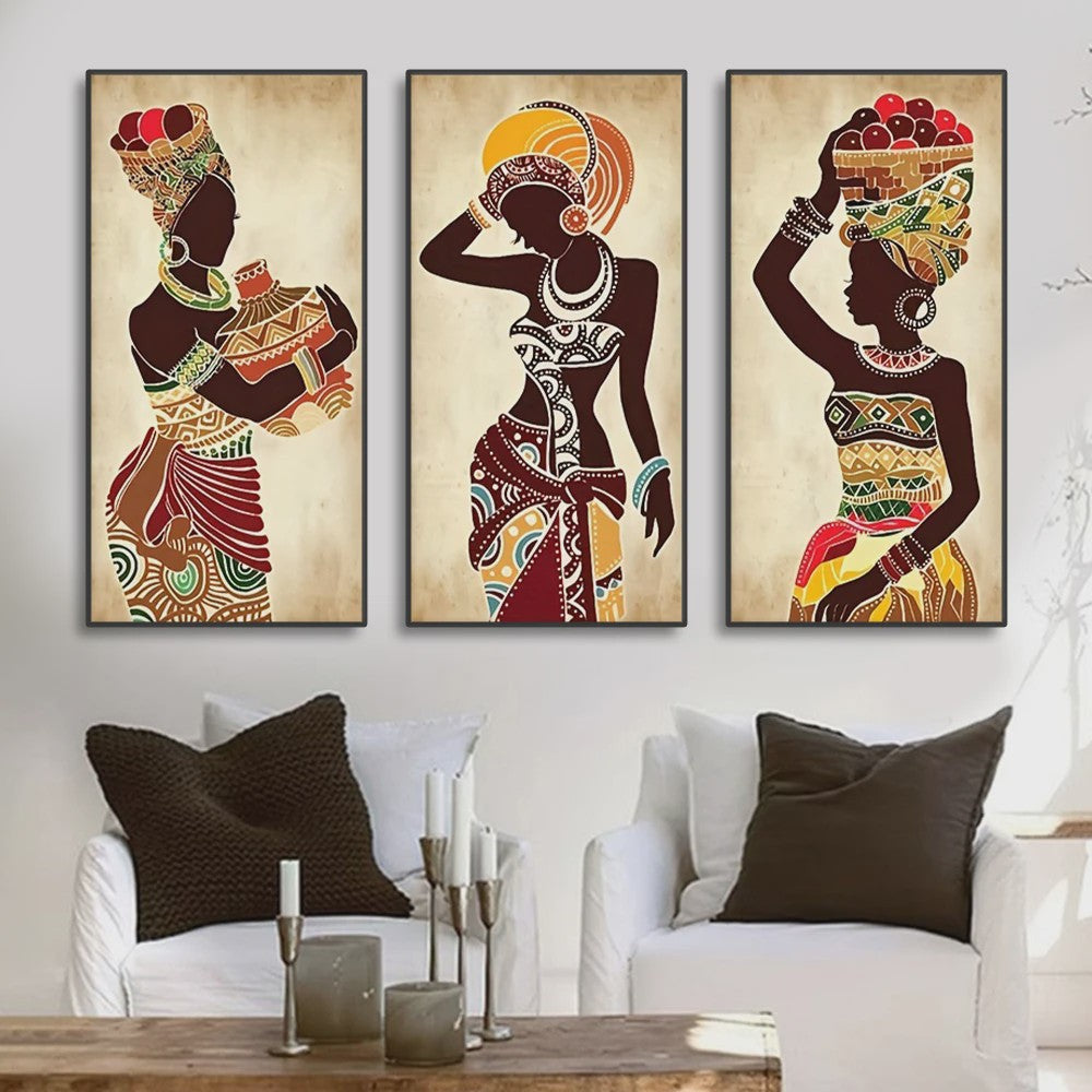 Set van 3 Afrikaanse Vrouwen Canvas Schilderijen - Vintage Wanddecoratie