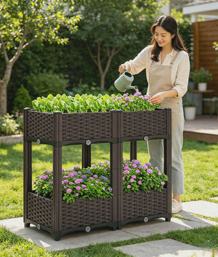 Verhoogde Plantenbak Dubbele Laag - 4 Vakken - 80x40x67cm - Buiten - Met Drainage