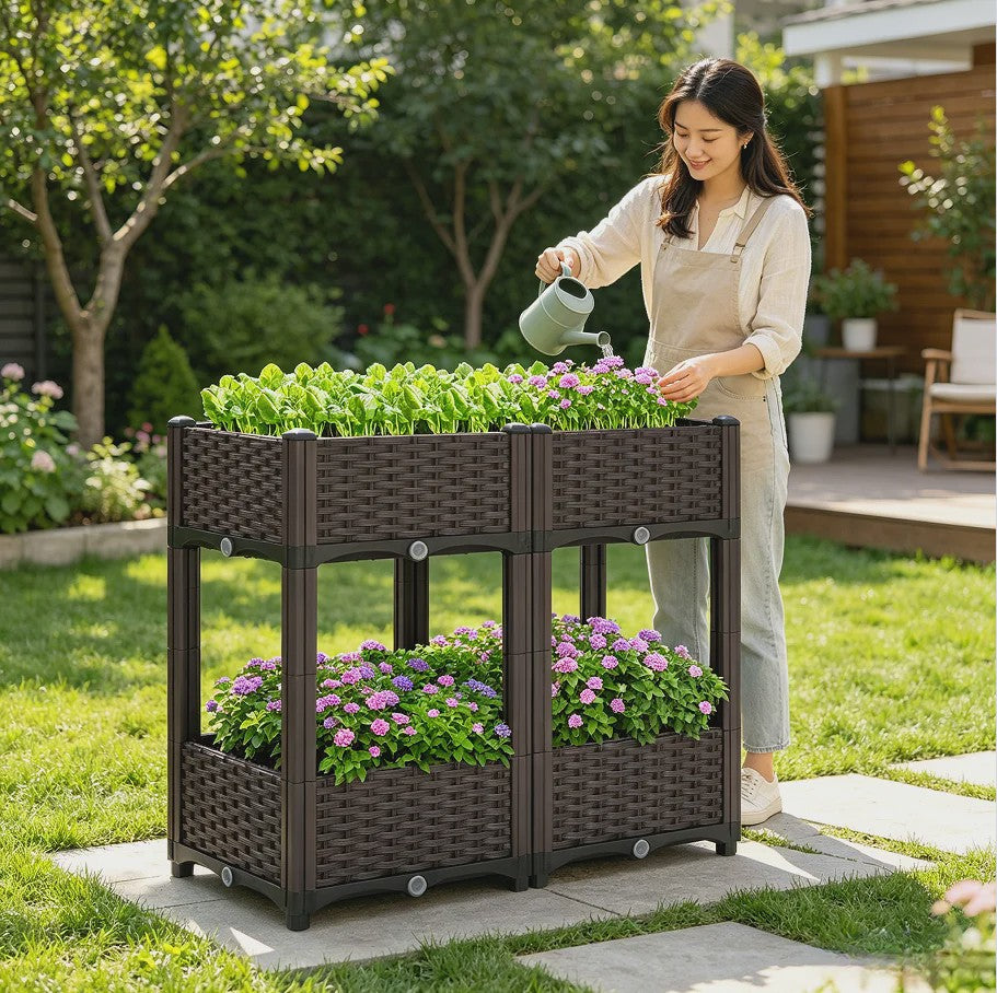 Verhoogde Plantenbak Dubbele Laag - 4 Vakken - 80x40x67cm - Buiten - Met Drainage