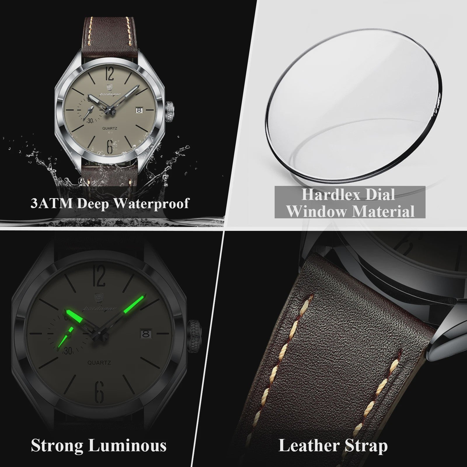 POEDAGAR Herenhorloge Leer - Zakelijk & Casual Kwarts Horloge met Datum & Waterdicht