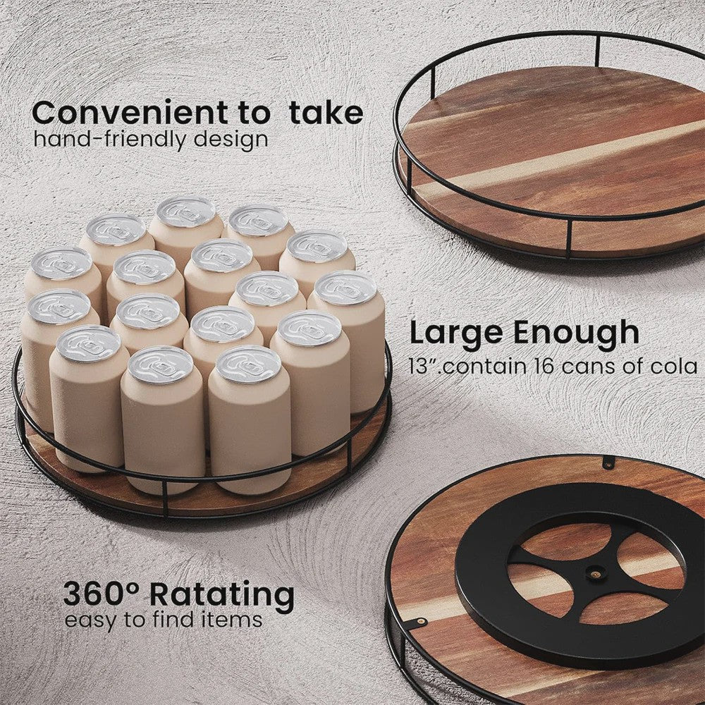 Draaibare Acacia Houten Serveerschaal met Metalen Rand - Keuken Organizer