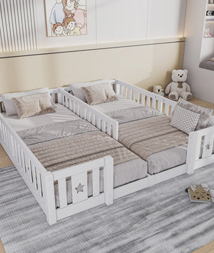 Houten Kinder Vloerbed 90x200cm met Zijhek - Veilig en Sfeervol Slapen voor 2 Kinderen