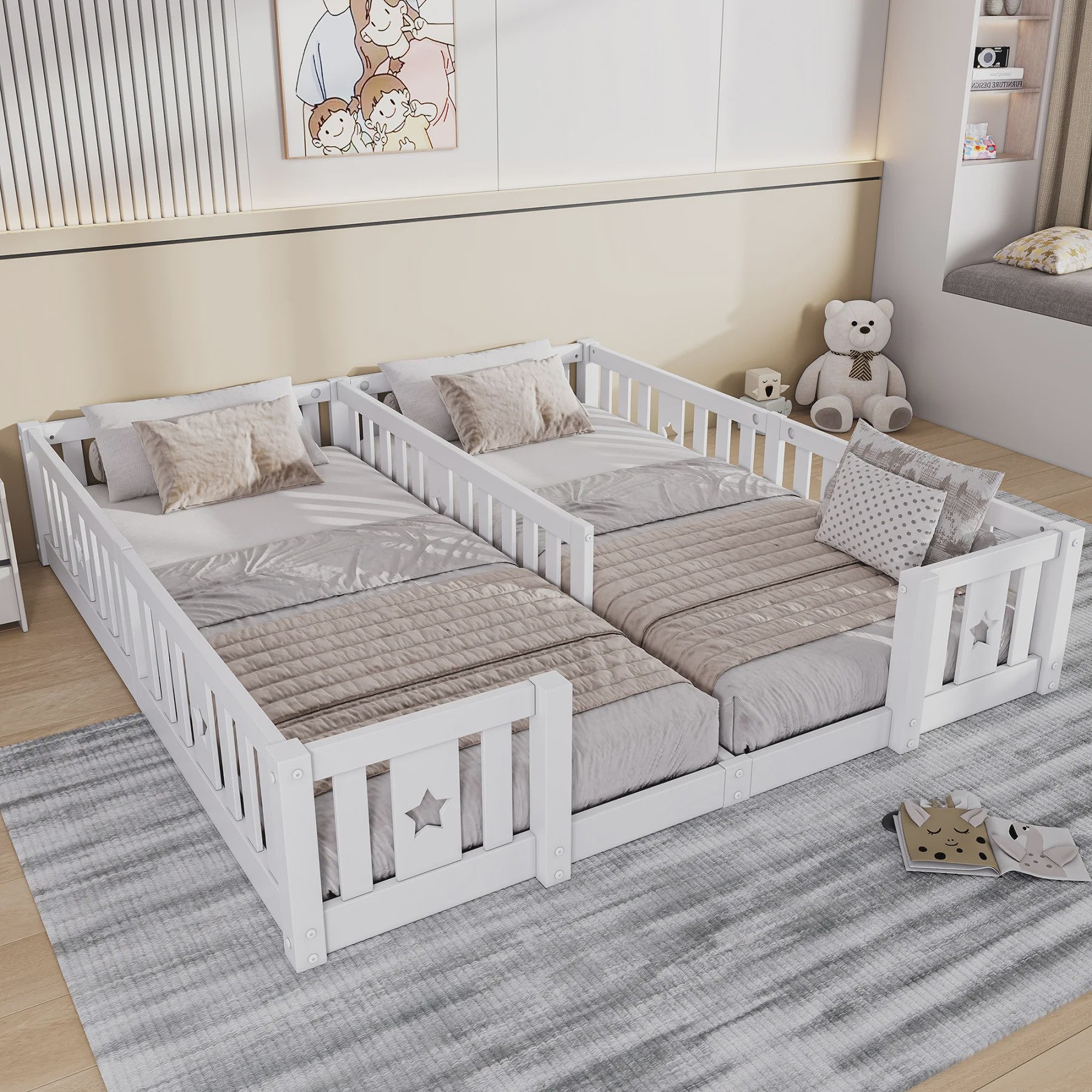 Houten Kinder Vloerbed 90x200cm met Zijhek - Veilig en Sfeervol Slapen voor 2 Kinderen