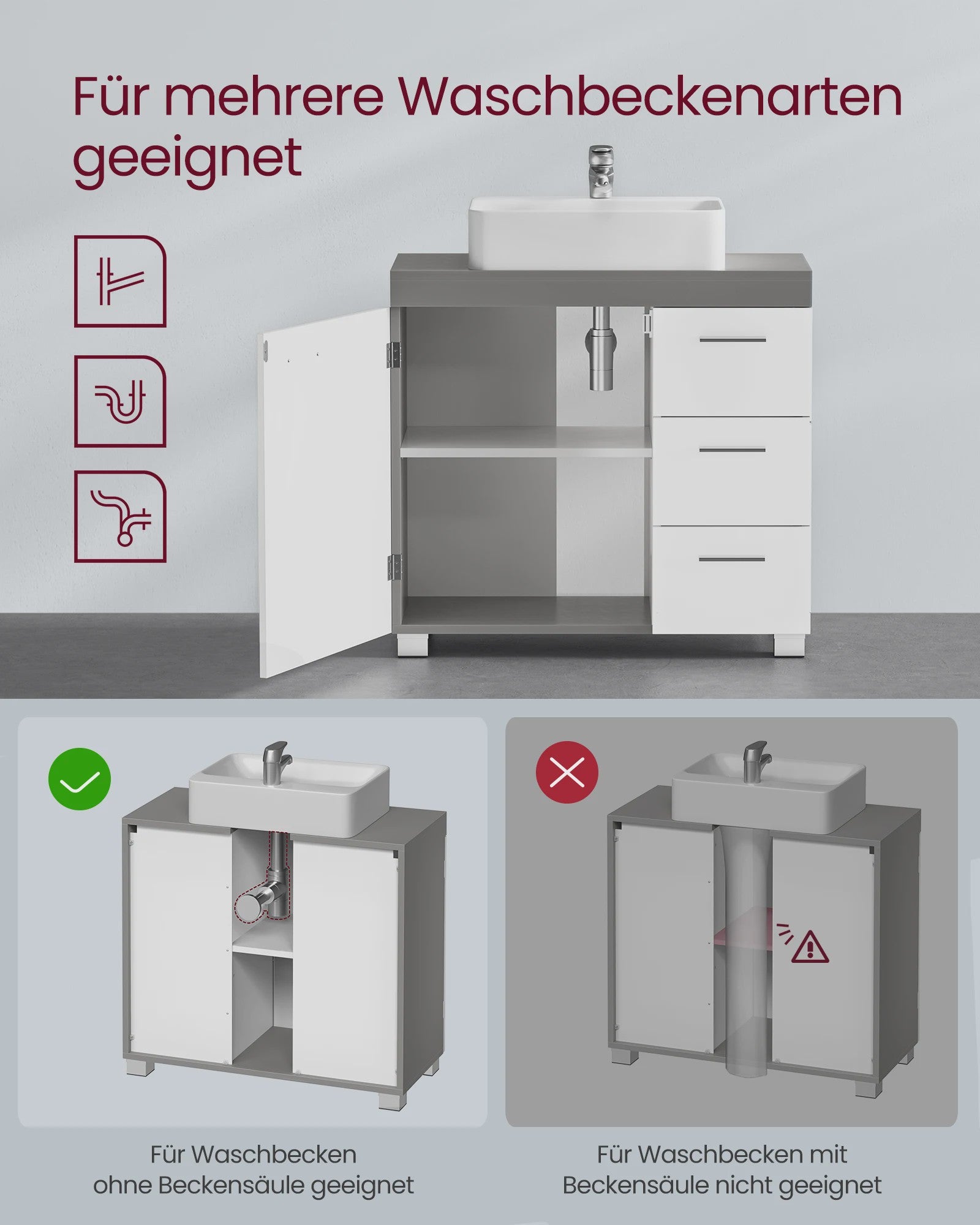 Onderbouw Wastafelkast met Lades en Poten - 70x30x64 cm