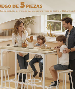 Homcom 5-Piece Bar Table and Chairs Set with Natural and White Metal Frame