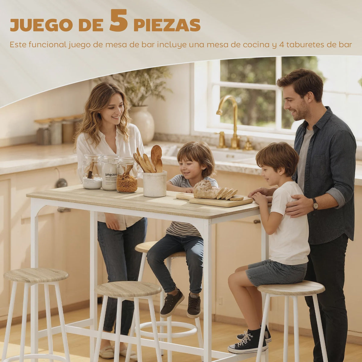 Homcom 5-Piece Bar Table and Chairs Set with Natural and White Metal Frame