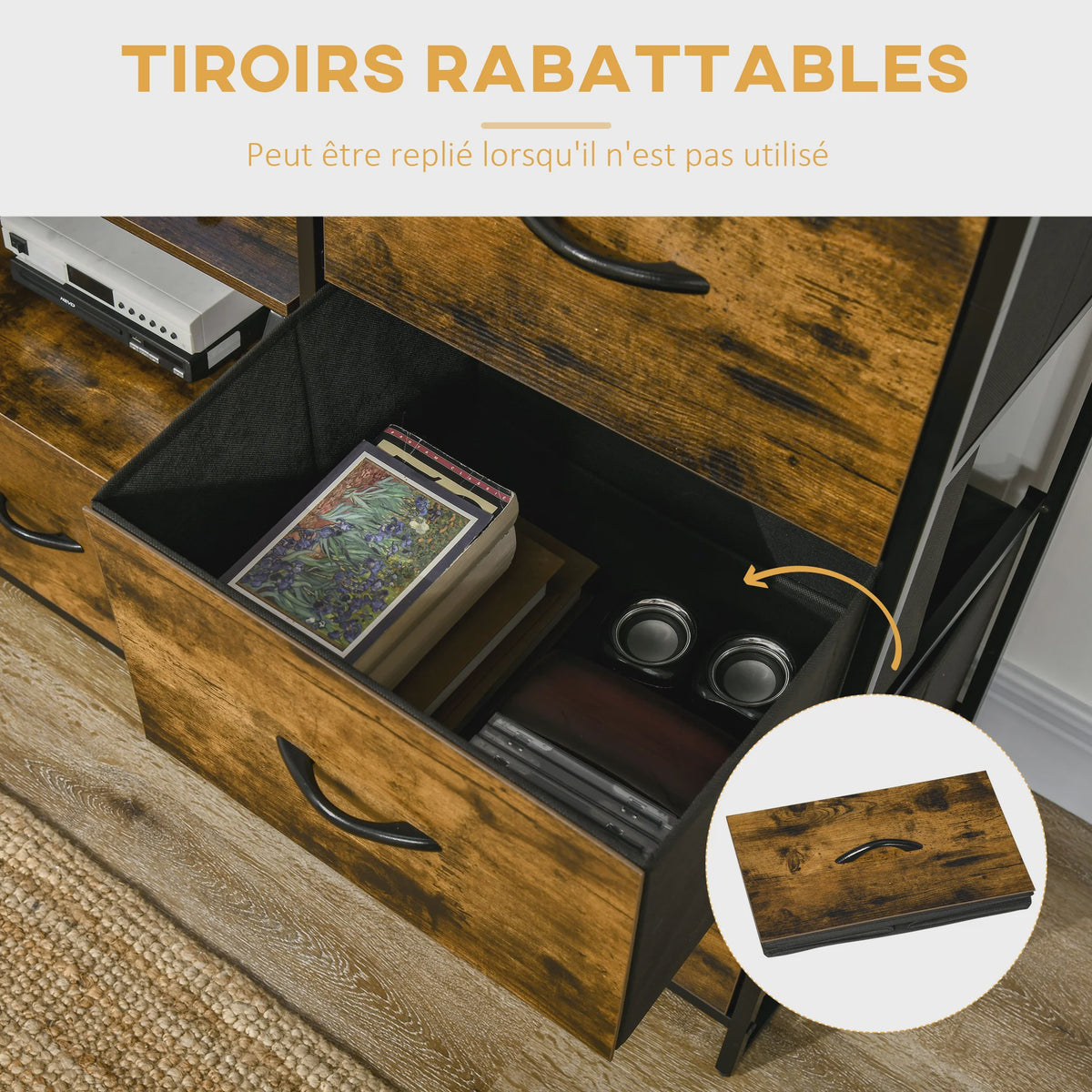 Industrieel Opbergmeubel met Planken en 3 Stoffen Lades - 44x40x155 cm