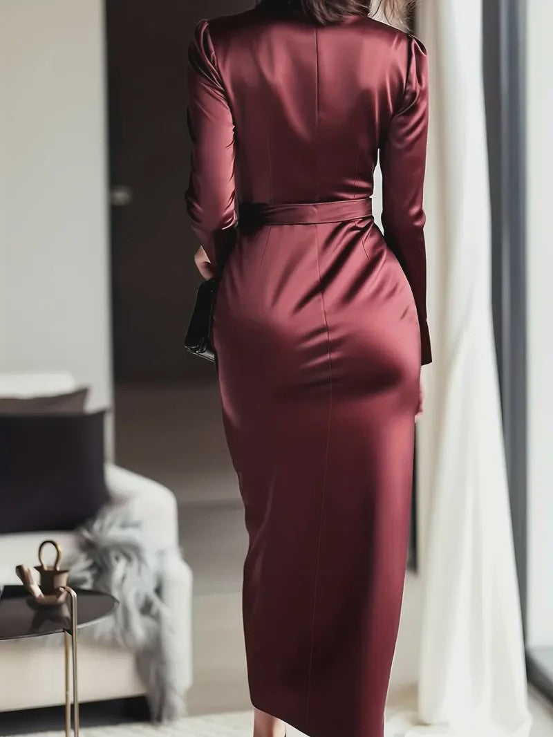 Elegante Damesjurk met Lange Mouwen en Tailleband - Hepburn Stijl