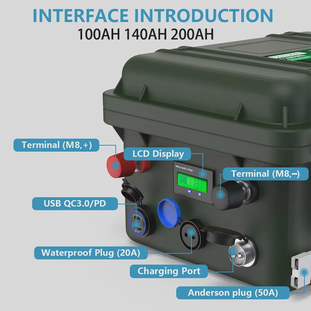 12V 200Ah LiFePO4 Accu met Bluetooth BMS - 2560Wh, IP56 Waterdicht, USB QC Charge