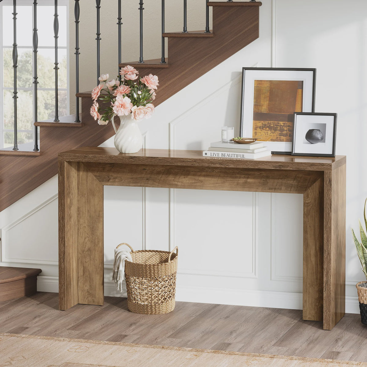 Tribesigns 140cm Farmhouse Console Tafel met Opbergruimte - Rustiek Bruin Hout