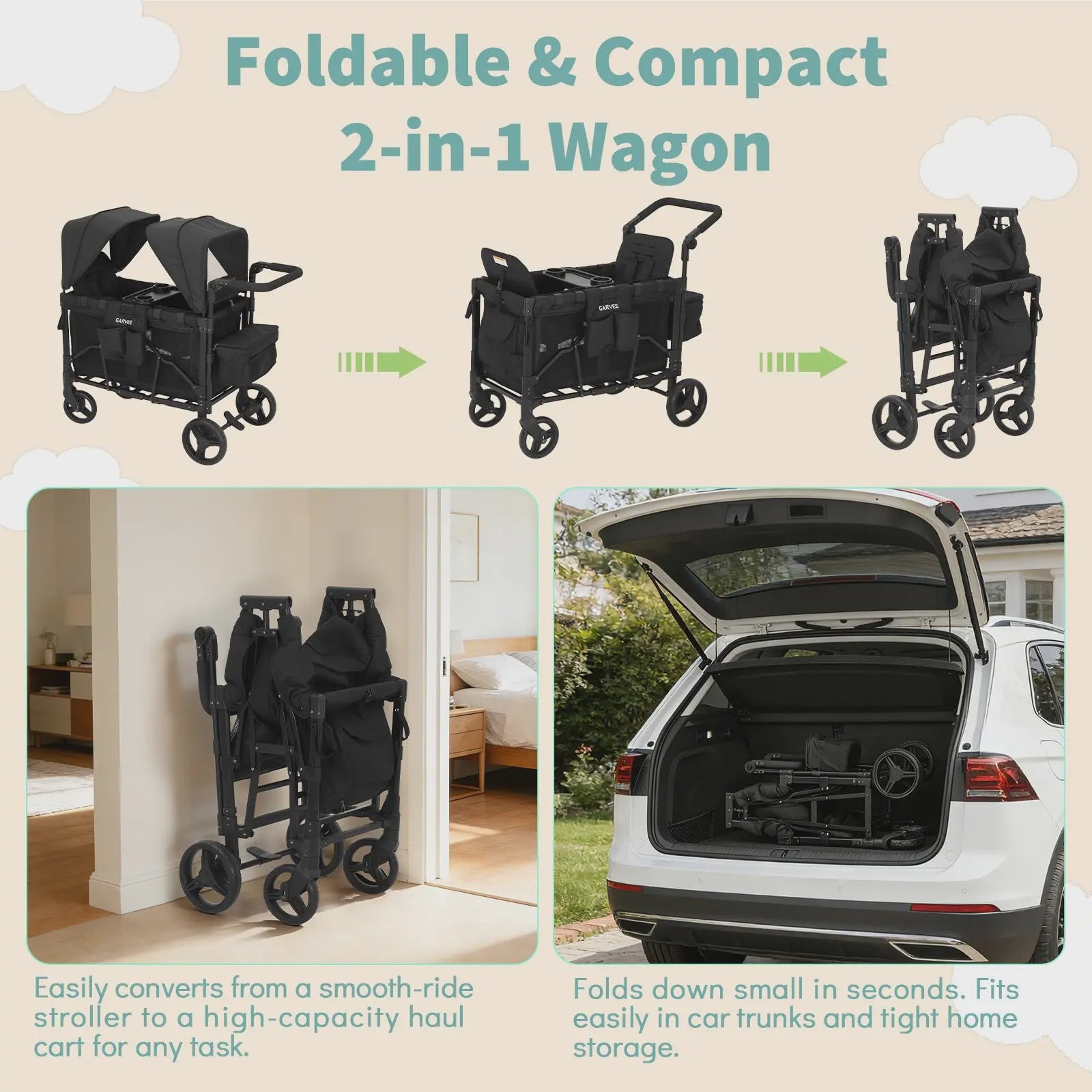 Dubbele Kinderwagen Wagentje 2-in-1 Opvouwbaar met Zonnekap & Snacktray - All-Terrain