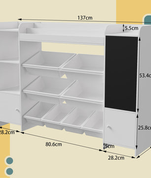Boekenkast met 8 Opbergboxen en Krijtbord voor Kinderkamer