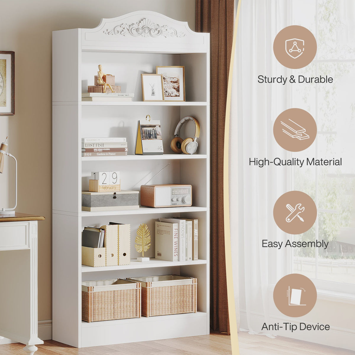 Moderne Witte Boekenkast 5 Lagen - 73 Inch Hoge Boekenkast