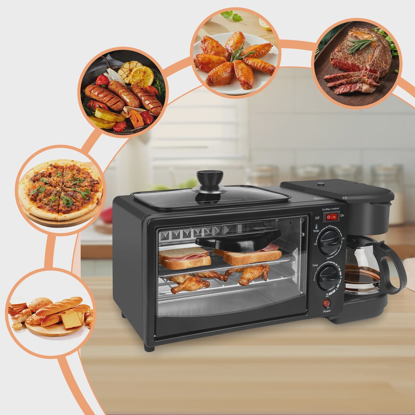 3-in-1 Ontbijt Machine: Oven, Koffiezetter & Grillpan - Compacte Keukenheld