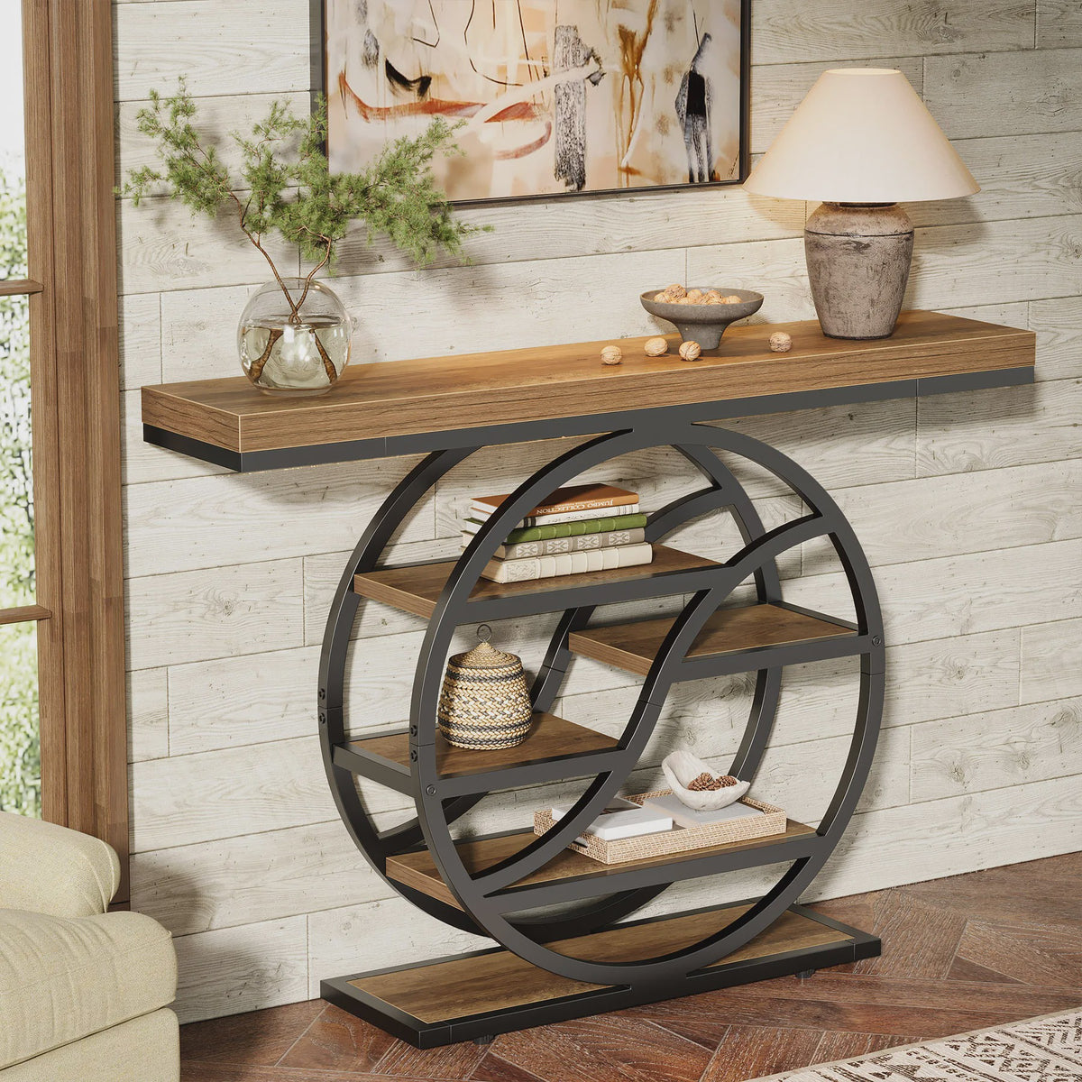 Industriële Console Tafel 120cm met 6 Niveaus en Geometrisch Metalen Frame