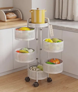 Draaibare Keuken Trolley 3-5 Laags - Carbon Staal Mesh Opbergrek met Wielen & Deksel