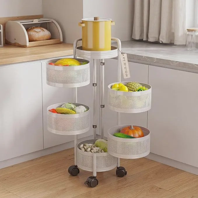 Draaibare Keuken Trolley 3-5 Laags - Carbon Staal Mesh Opbergrek met Wielen & Deksel