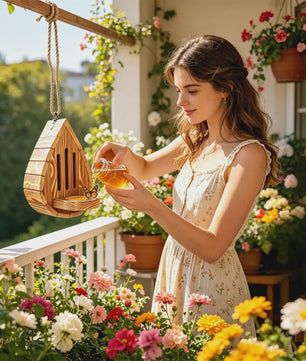 Houten Vlinderhuisje met Voederbakje & Ophangtouw - Decoratief Bijenhotel voor Tuin & Balkon