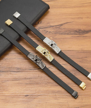 Heren Lederen Armband met Leopard Hoofd & Kristallen - Vintage Punk Rock Stijl