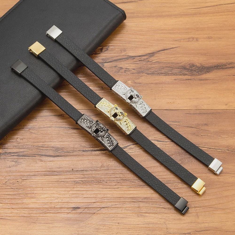 Heren Lederen Armband met Leopard Hoofd & Kristallen - Vintage Punk Rock Stijl