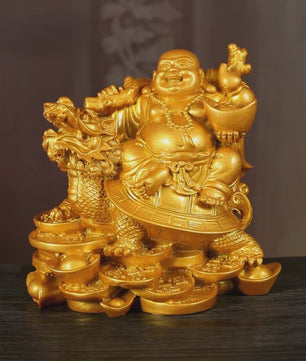 Gouden Lachende Boeddha Beeld met Draak en Schildpad - Feng Shui Decoratie