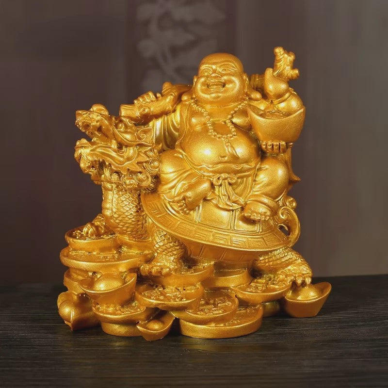 Gouden Lachende Boeddha Beeld met Draak en Schildpad - Feng Shui Decoratie