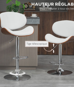 Set van 2 Verstelbare Barkrukken - Wit Kunstleer & Houtnerf - Barstoelen Keuken
