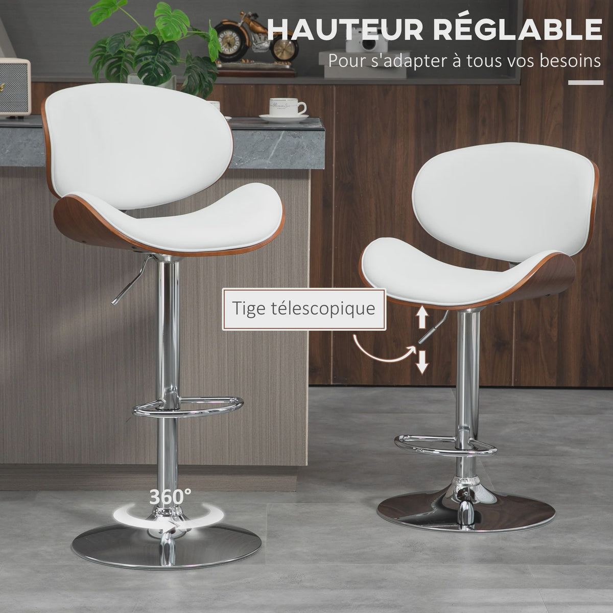 Set van 2 Verstelbare Barkrukken - Wit Kunstleer & Houtnerf - Barstoelen Keuken