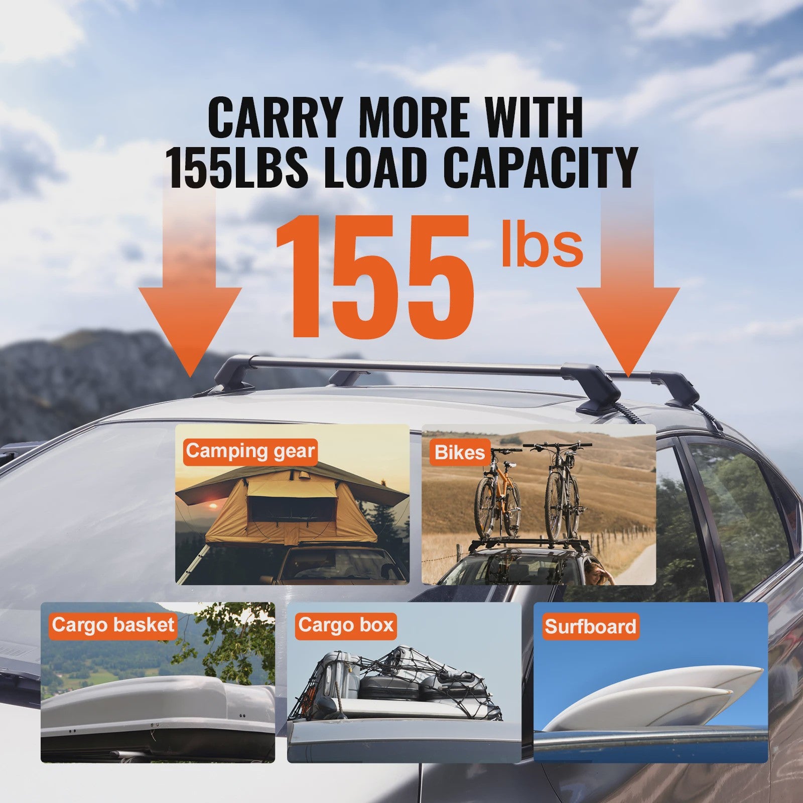 Verstelbare Aluminium Dakdragerset (2 stuks) - 155LBS Capaciteit - Voor Auto's met Kale Dakrand