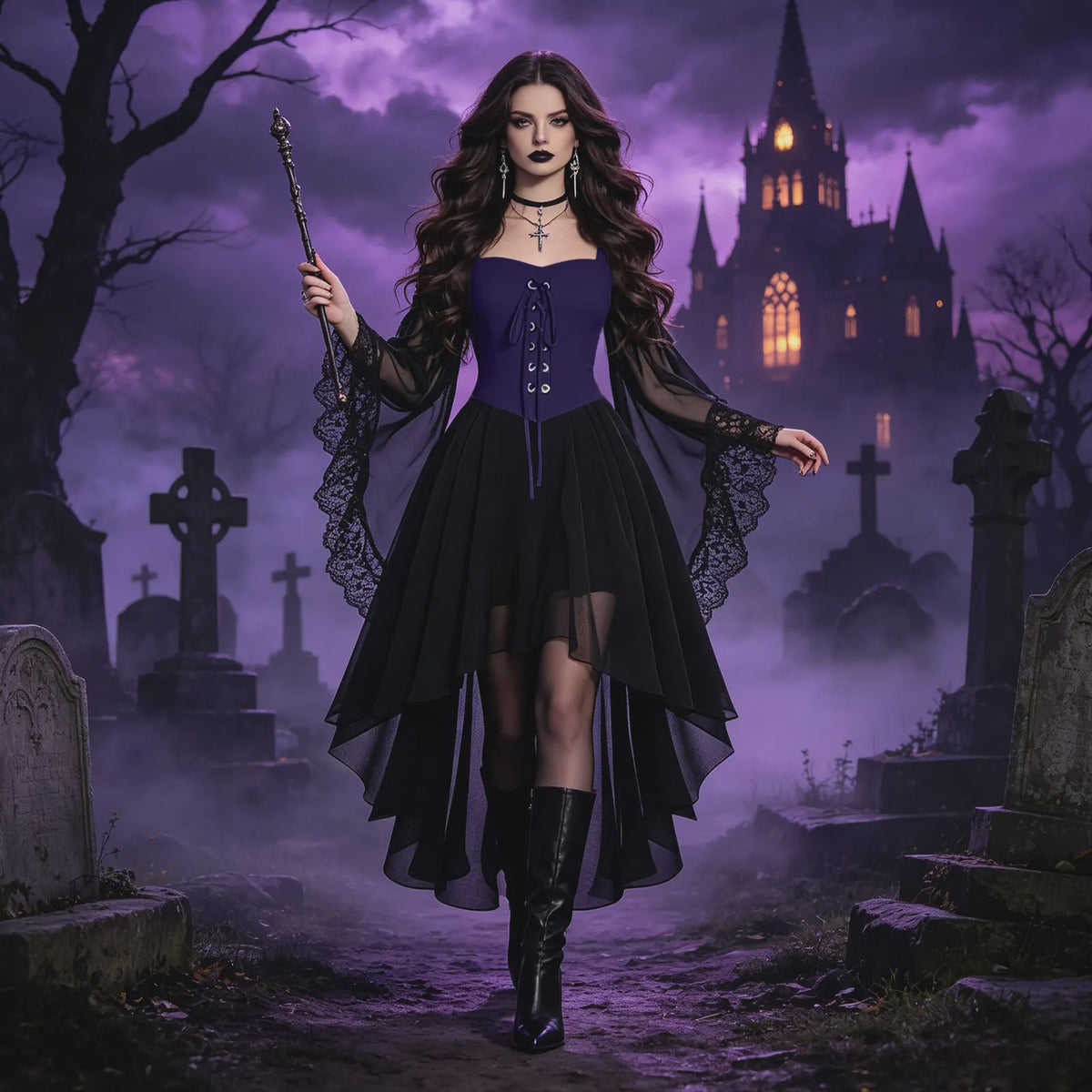 Dames Heksenjurk met Pofmouwen - Middeleeuwse & Gothische Renaissance Stijl voor Halloween & Cosplay