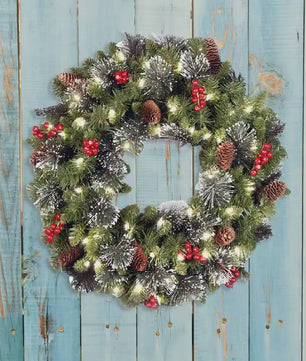 Luxe Kerstkrans met LED Verlichting, Pijnbomen en Rode Bessen - 40cm