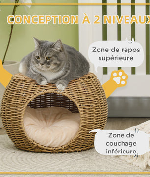 PawHut Kattenmand Niche Rond Rotin PE met Zacht Kussen - Ø 40x30 cm Lichtbruin