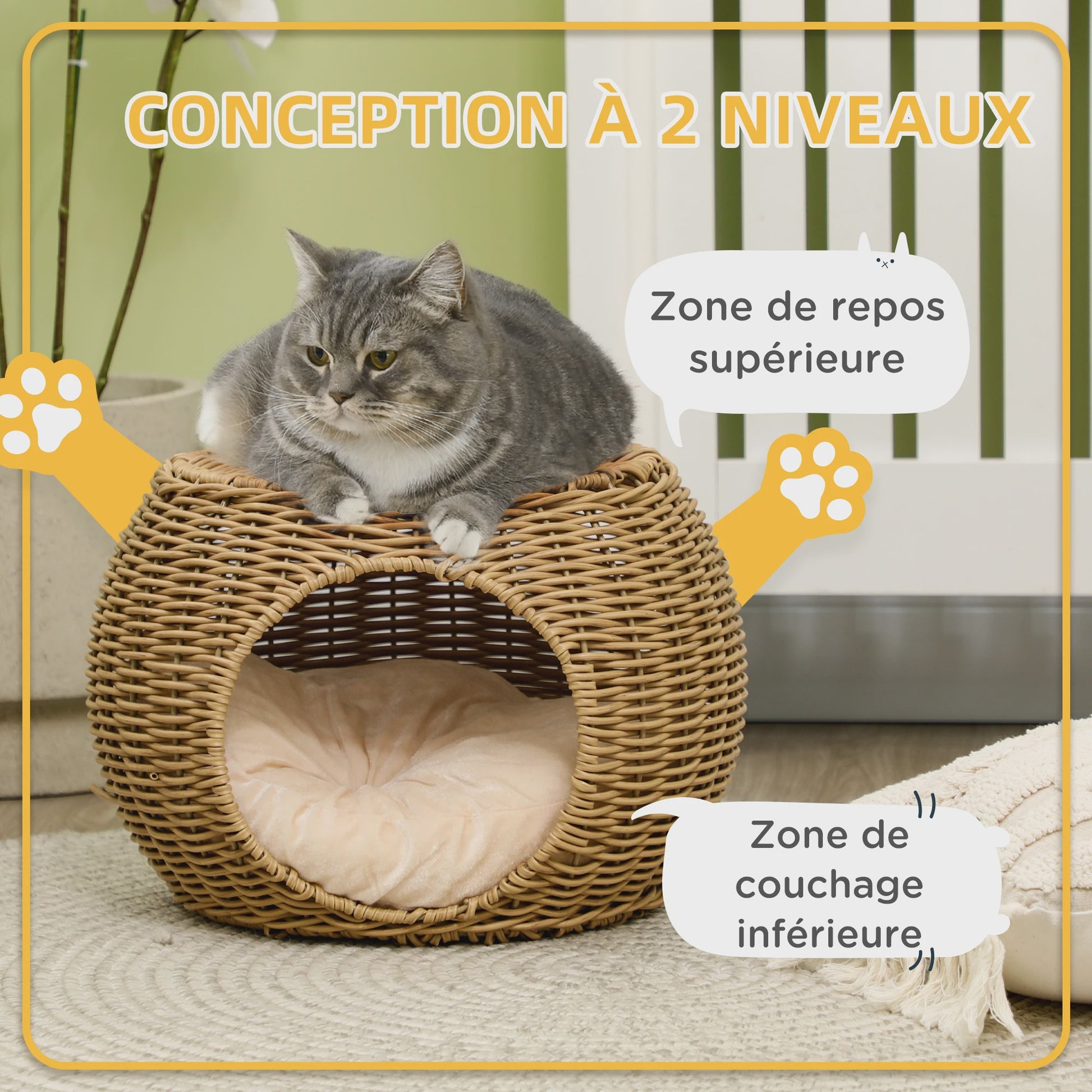 PawHut Kattenmand Niche Rond Rotin PE met Zacht Kussen - Ø 40x30 cm Lichtbruin