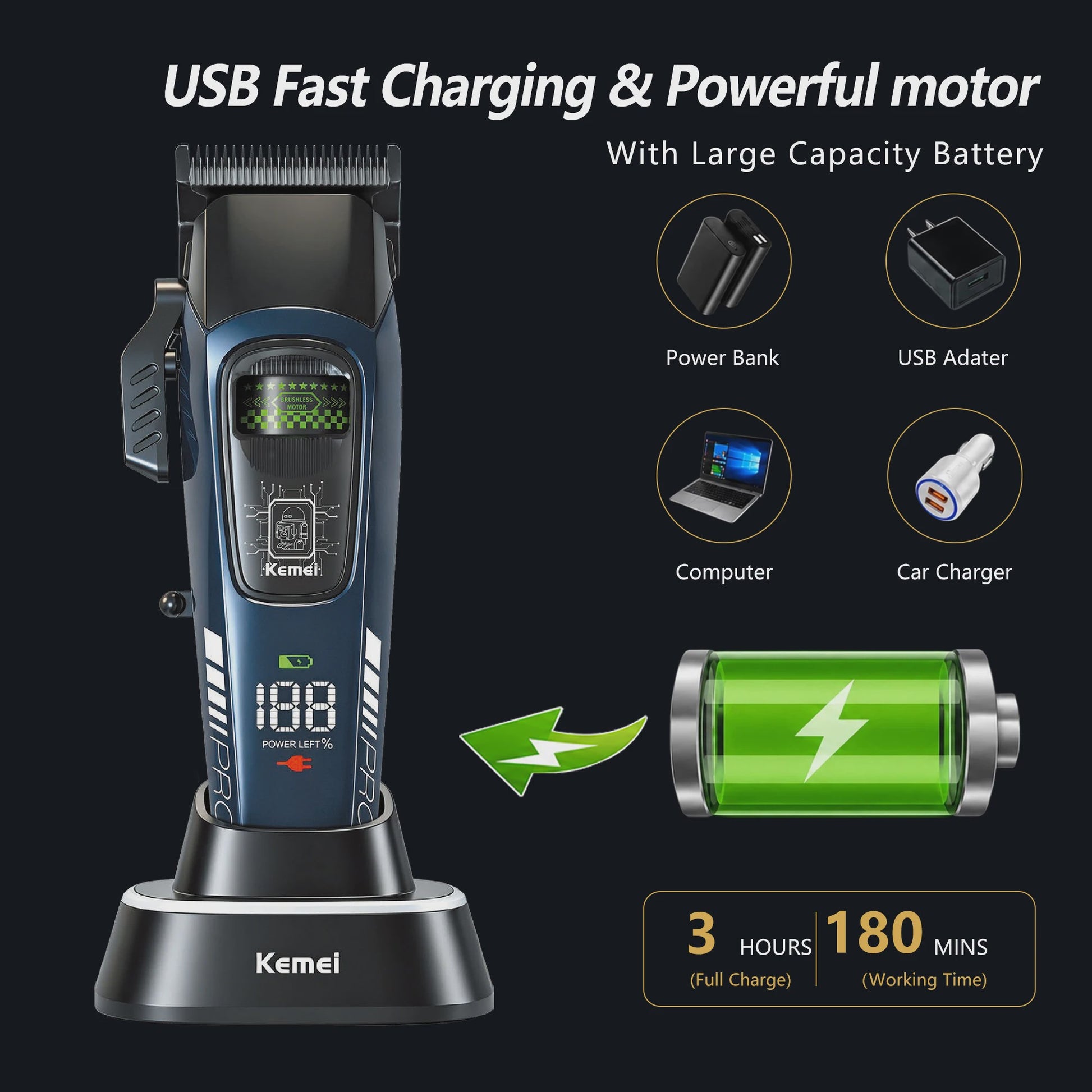 Kemei 2381 Professionele Trimmer Set - 10000 RPM, LED Display, Draadloos