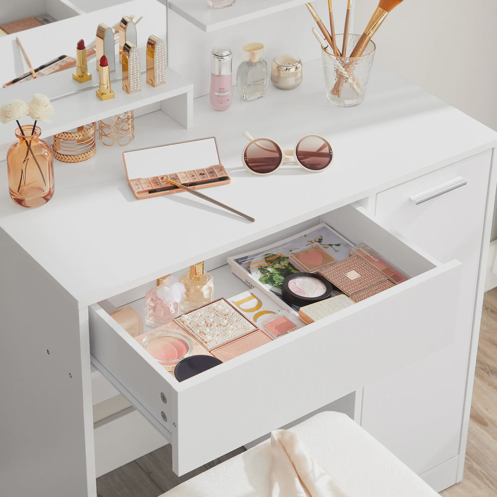 VASAGLE Kaptafel met Spiegel, Opbergvak en 2 Planken - Stijlvol Wit Design