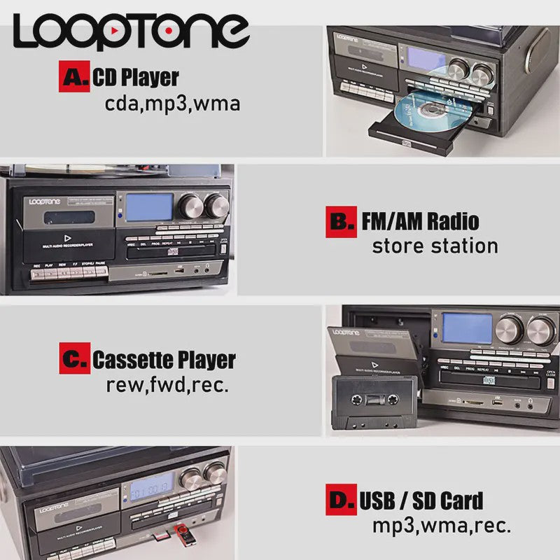 LoopTone Vintage 3-in-1 Platenspeler met Bluetooth, CD, Cassette, Radio & USB Opname