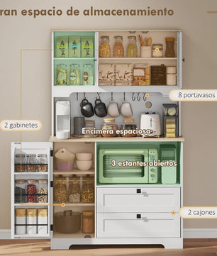 Homcom Keuken Serveertafel met 3 Deuren, 2 Lades en 8 Haken - Wit