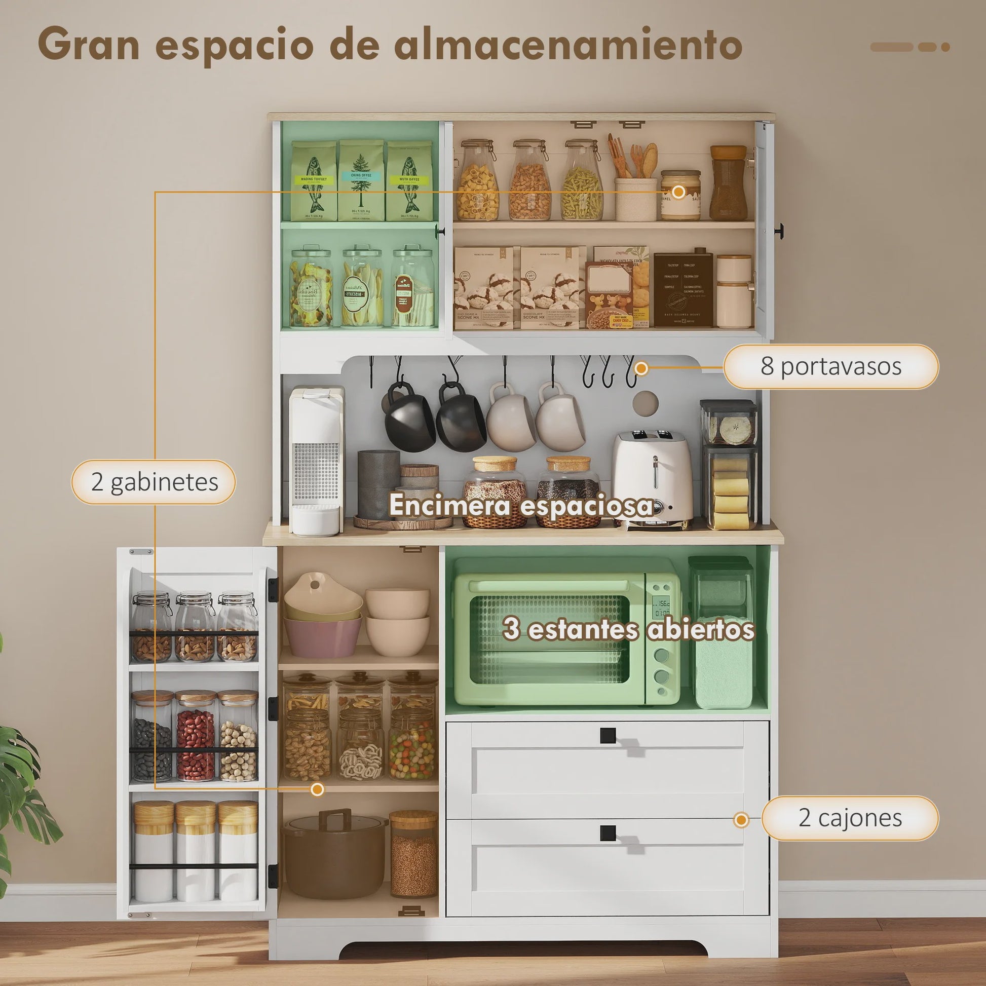 Homcom Keuken Serveertafel met 3 Deuren, 2 Lades en 8 Haken - Wit