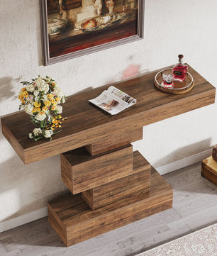 Rustieke Houten Console Tafel 108cm - Slimme Banktafel voor Hal of Entree met Geometrische Basis