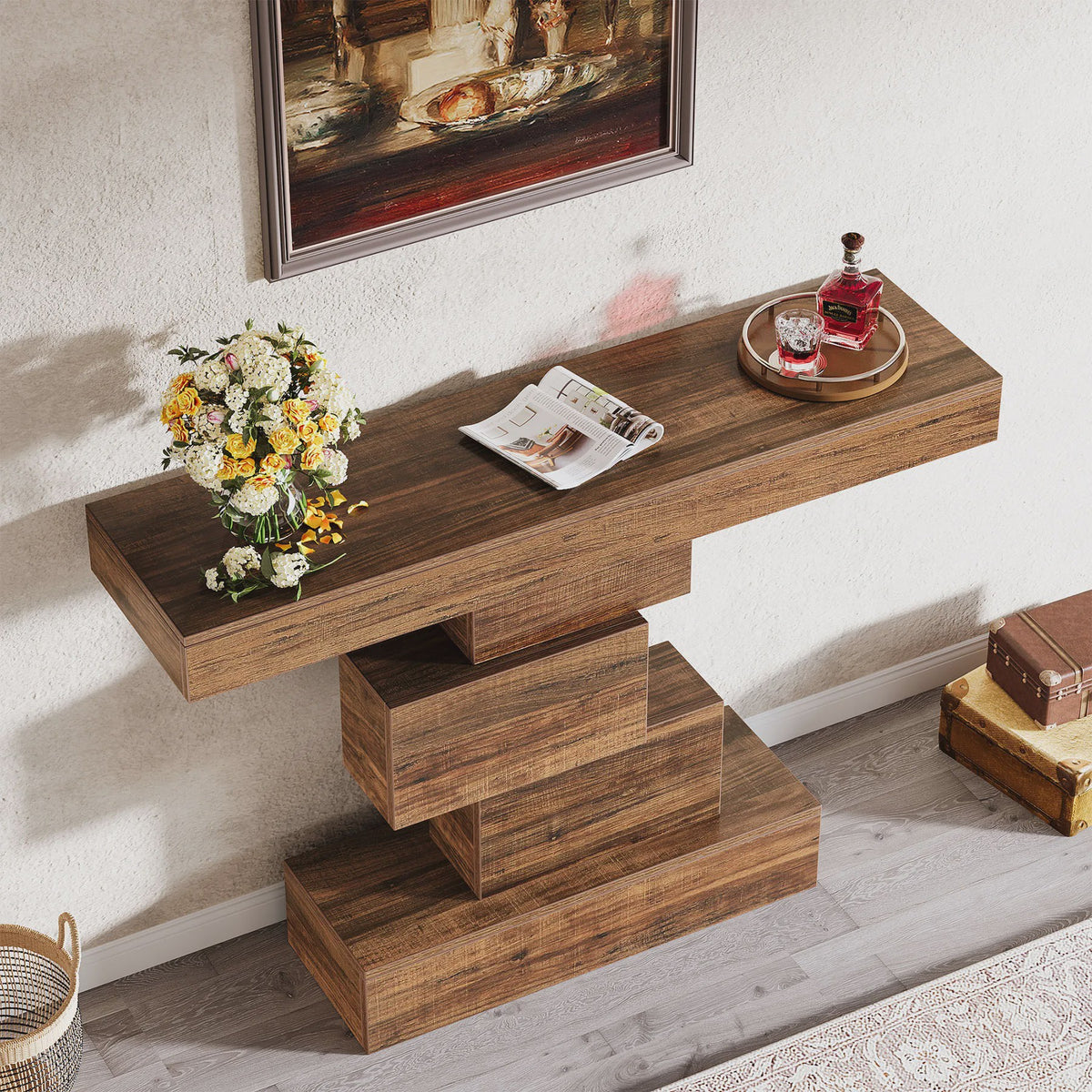 Rustieke Houten Console Tafel 108cm - Slimme Banktafel voor Hal of Entree met Geometrische Basis