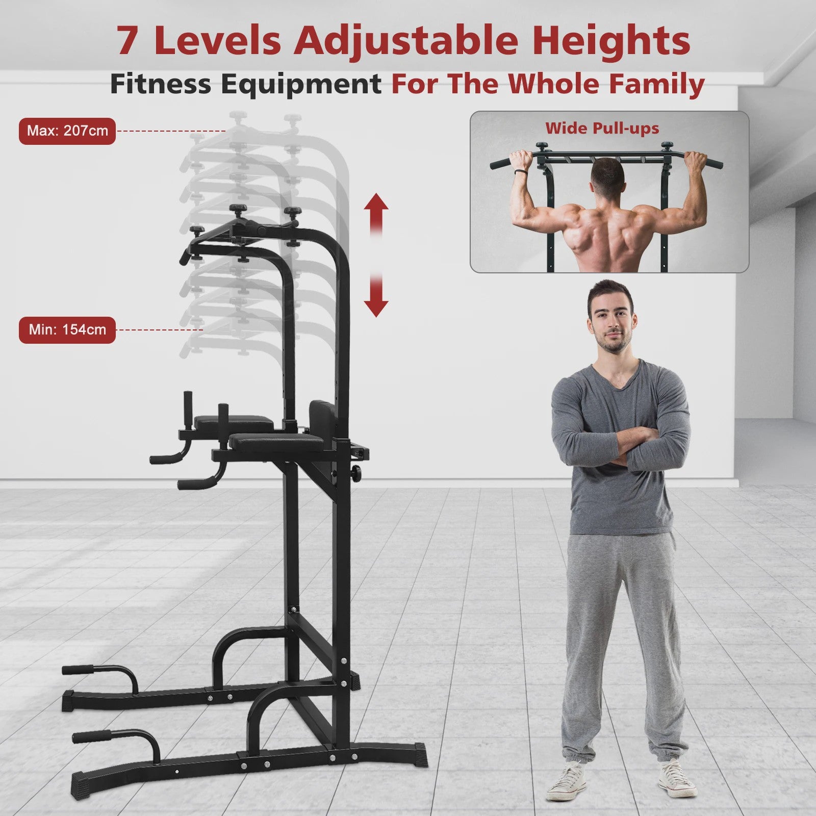 Krachtstation Power Tower: Pull-up Bar, Dip Station & Fitness Toren voor Thuistraining