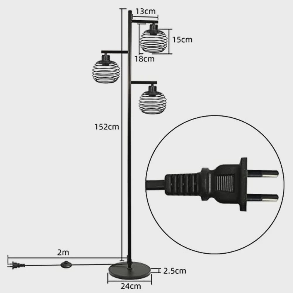 Industriële Staande Lamp Zwart Metaal - 3 Lichtpunten, E27 Fitting, 152cm Hoog