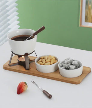 Mini Chocolade Fondue Set met Houten Dienblad en Vorkjes - Perfect voor Feestjes