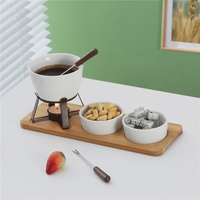 Mini Chocolade Fondue Set met Houten Dienblad en Vorkjes - Perfect voor Feestjes