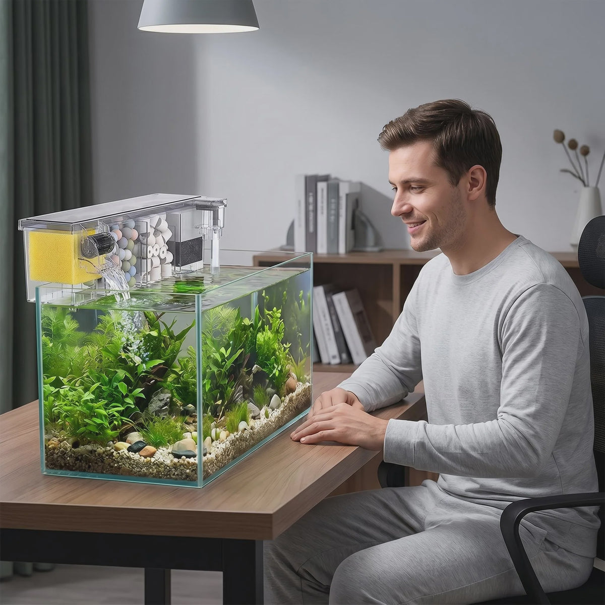 Transparante Acryl Hangfilter met Meerfasen Filtratie & Waterval Uitlaat - Compact & Ruimtebesparend