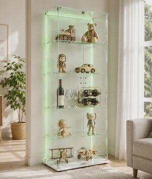 Moderne Witte Glazen Vitrinekast met LED Verlichting, 5 Legborden en 2 Vergrendelbare Deuren - 186x78x34 cm