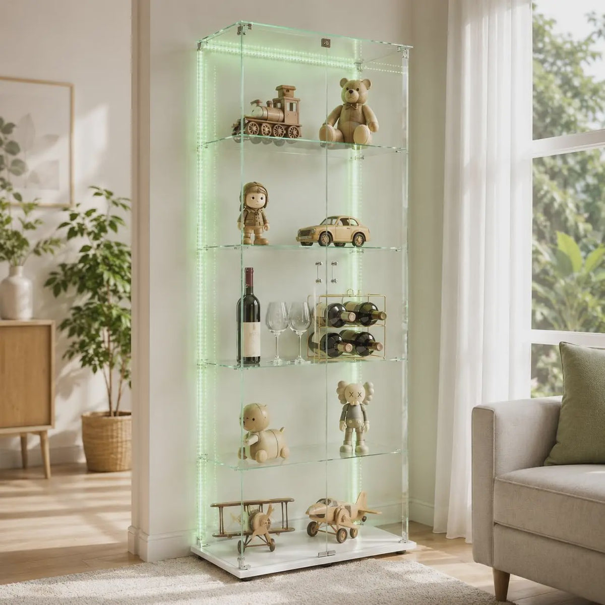 Moderne Witte Glazen Vitrinekast met LED Verlichting, 5 Legborden en 2 Vergrendelbare Deuren - 186x78x34 cm