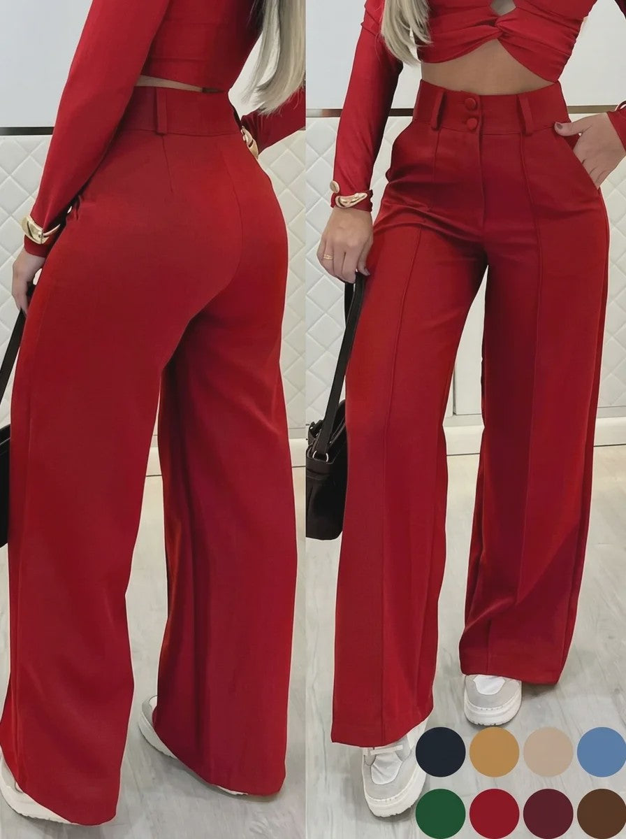 Dames Hoge Taille Wijde Pijpen Broek met Dubbele Knopen - Stijlvol & Slank