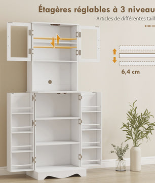 Stijlvolle Witte Buffetkast Keukenkast met Vitrine, 4 Deuren en 8 Kruidenrekken - Ideaal voor Keuken en Servies