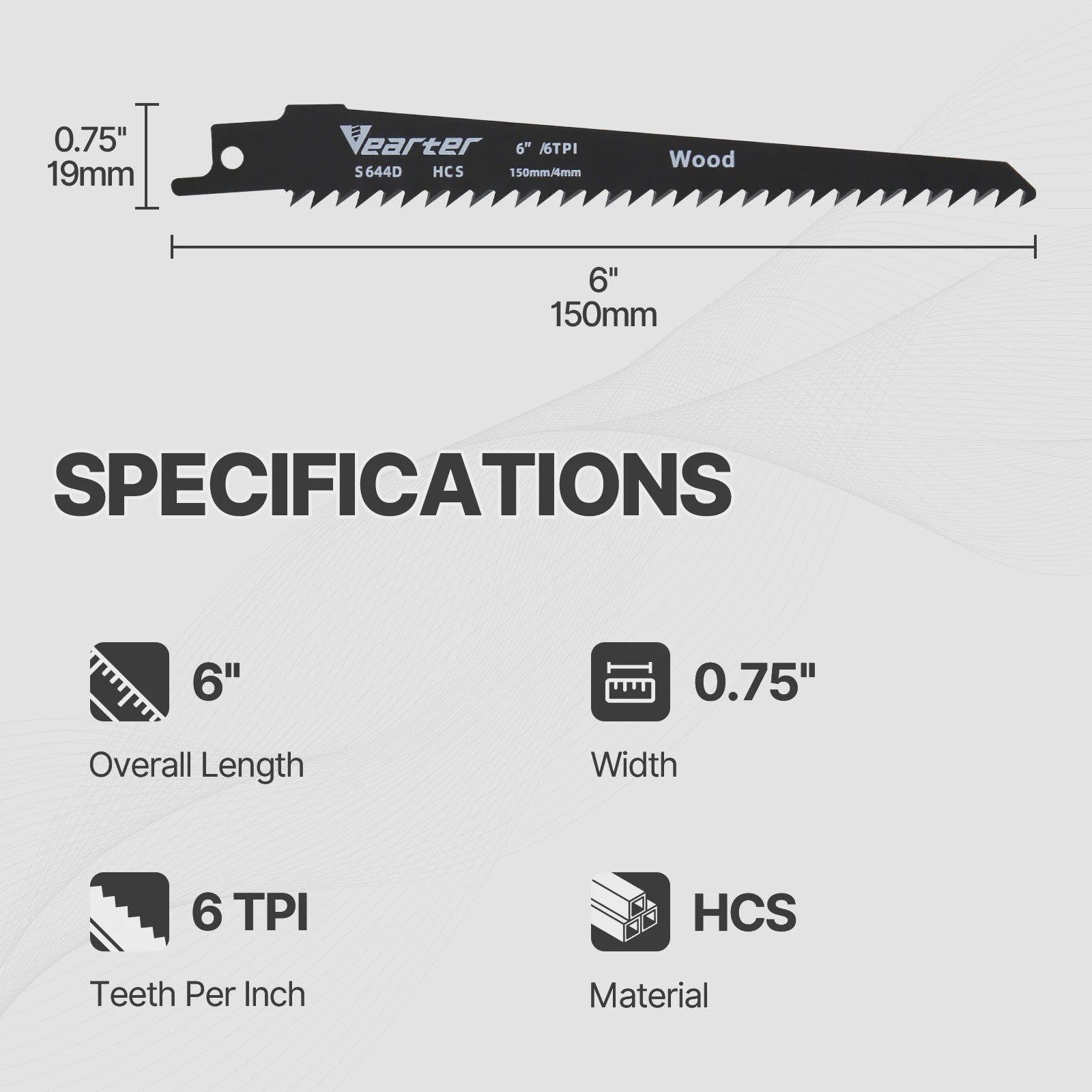 Vearter S644D 5-delige Reciprozaagbladen Set - 150mm (6") HCS, 6 TPI - Voor Hout & PVC